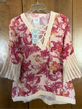 Bohera Pink Paisley V-Neck Crochet Sleeve Top